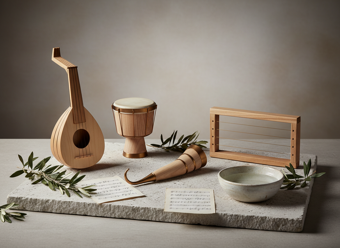 A symbolic, photographic still life representing Mediterranean music and cultural dialogue for an academic conference. On a smooth limestone slab reminiscent of Matera’s stone, rest four different traditional Mediterranean instruments reduced to abstract, non-functional forms: a simplified lute shape, a small drum cylinder, a curved wind instrument, and a stringed frame, all crafted from pale wood and bronze accents. Surrounding them are scattered olive leaves, fragments of sheet music reduced to blank staves, and a shallow ceramic bowl filled with sea water. Soft studio lighting from the left creates gentle highlights on metal edges and smooth shadows across the stone surface. The mood is reflective and intellectual, with a neutral background slightly blurred, composed centrally with shallow depth of field to emphasize the objects in crisp, realistic detail.