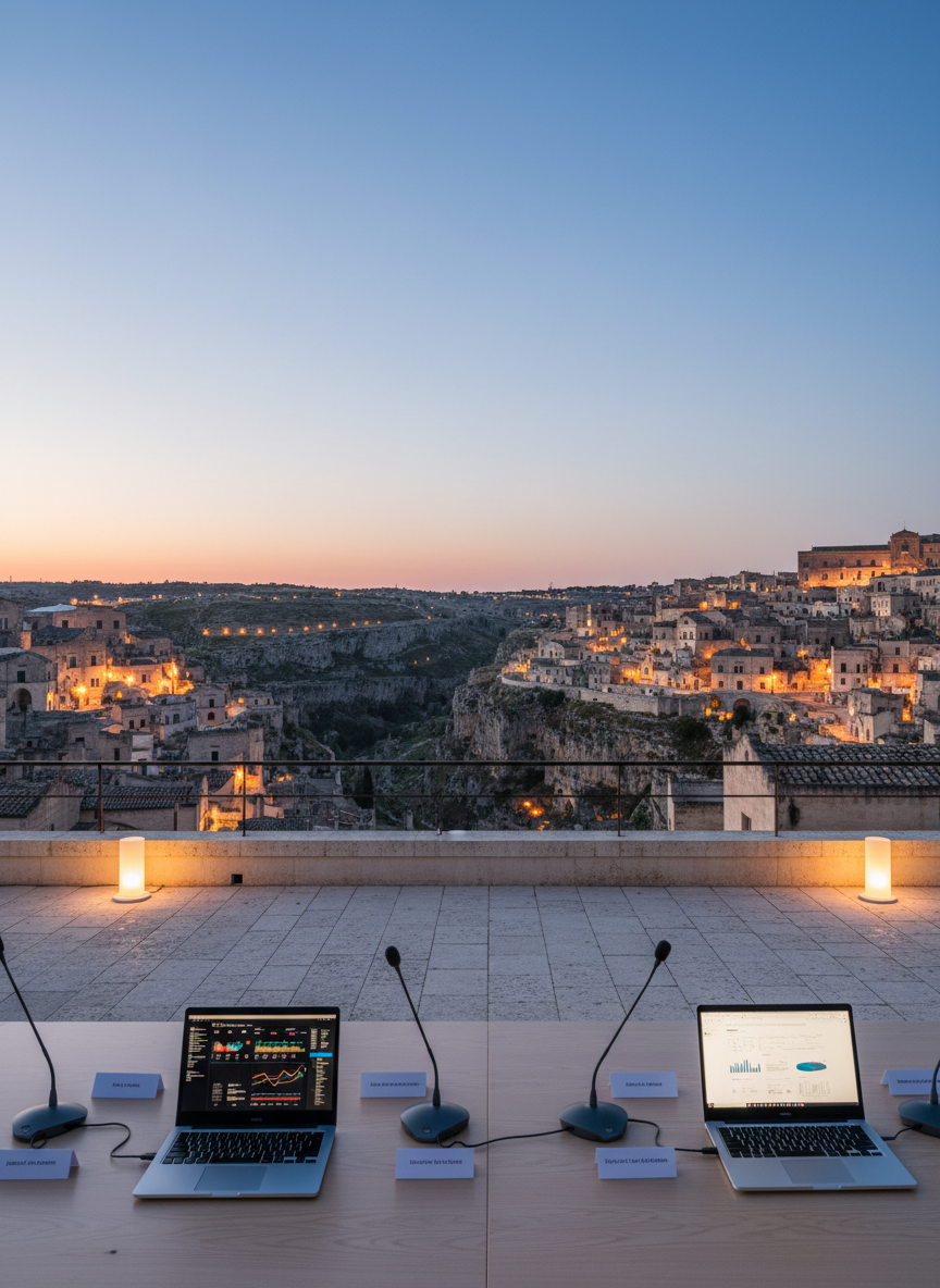 A wide, panoramic photographic view of Matera at dusk, with its ancient stone Sassi carved into the hillside, illuminated by warm golden lights. In the foreground, a sleek, modern conference table made of light wood stands on a terrace overlooking the city, covered with neatly arranged microphones, nameplates without text, and open laptops displaying abstract graphs. The sky transitions from soft blue to deep indigo, with the last glow of sunset behind distant hills. The scene is lit by a combination of gentle twilight and subtle, contemporary floor lamps, creating a professional yet atmospheric mood. Shot from a slightly elevated angle with sharp focus throughout, emphasizing the dialogue between historic architecture and modern academic conference culture, in clean, photographic realism.