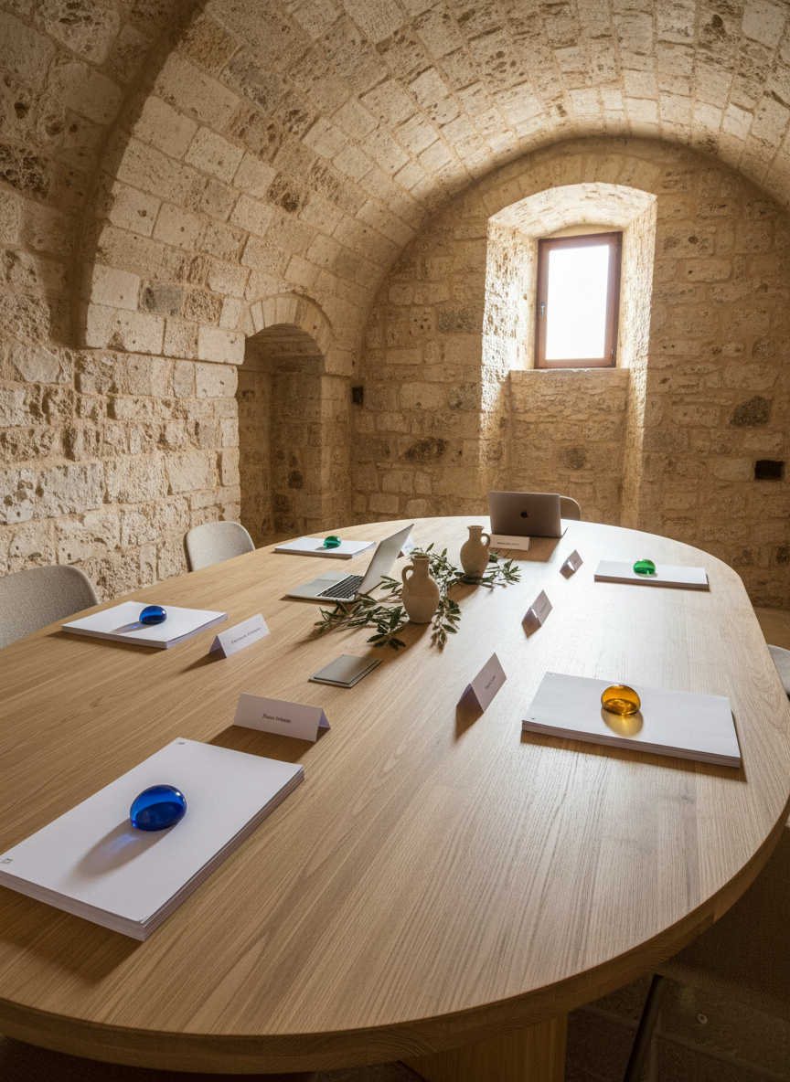 A large oval conference table crafted from pale oak sits in a historic vaulted stone room in Matera, its rough-hewn walls and arches revealing centuries-old textures. On the table, four distinct clusters of neatly stacked, unmarked documents are separated by slim, colored glass paperweights, symbolizing four Mediterranean-focused study groups. Slim laptops, blank name cards, and a central arrangement of olive branches and small ceramic amphorae add Mediterranean character without clutter. Soft, diffused daylight filters through a high arched window, gently grazing the stone and creating a calm, contemplative mood. Shot from above at a three-quarter angle, with moderate depth of field to keep the table and architectural details in crisp focus, the style is clean, balanced, and professionally photographic.