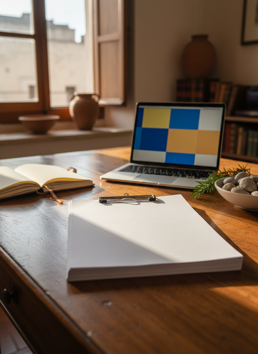 A close-up, photographic scene of a polished wooden desk in a quiet study room in Matera, where an academic call for papers is being prepared. At the center lies a thick stack of pristine white paper secured by a metal clip, next to a sleek silver laptop with a glowing screen showing only abstract blocks of light and color. Around it are Mediterranean details: a small bowl of sea pebbles, a sprig of fresh rosemary, and an open notebook with blank pages. Warm afternoon light from a nearby window casts soft, directional shadows and highlights the paper’s fine texture. The mood is focused and scholarly, with a hint of Mediterranean warmth. Captured at a slightly elevated angle with shallow depth of field, emphasizing the documents and work surface in realistic, professional detail.