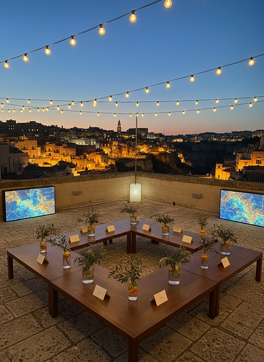 An evening rooftop terrace setup in Matera configured for an academic reception, overlooking the illuminated Sassi and surrounding ravine. Low, rectangular tables of dark wood are arranged in a loose square, each displaying neatly aligned name badges replaced by elegant blank cards, alongside minimalist glass vases with olive branches and citrus slices floating in water. Discreet portable screens at the edges show abstract, colorful maps symbolizing Mediterranean networks. Ambient string lights cast a warm glow over the stone flooring, while cool blue twilight lingers on the horizon. The mood is sophisticated and collegial, suggesting intercultural dialogue. Photographed from a corner at eye level, with a balanced composition that keeps both the terrace details and the iconic Matera skyline in clear, photographic realism.