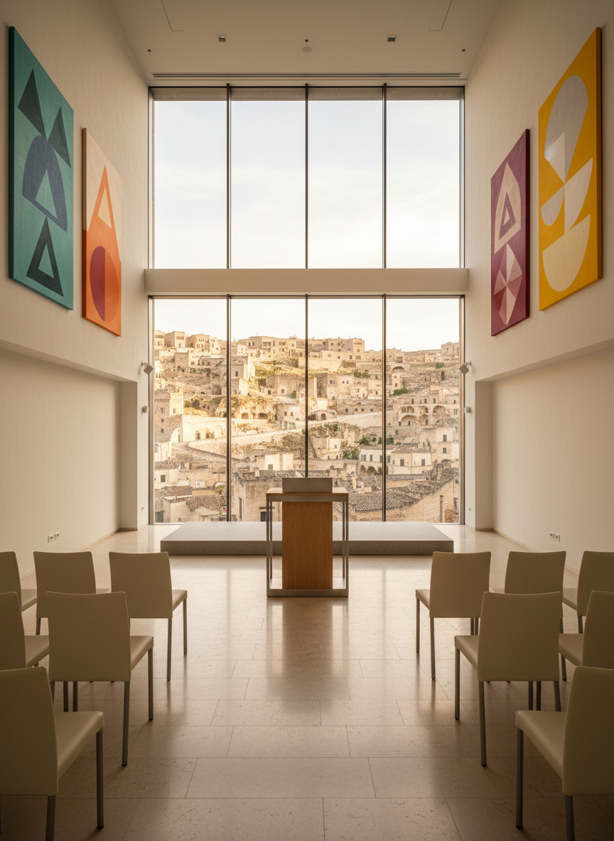 A bright, contemporary conference hall interior in Matera, with large floor-to-ceiling windows framing the stone facades and terraces of the Sassi outside. In the center stands a minimalist podium of brushed metal and light wood, with rows of empty upholstered chairs facing it in a gentle arc. On the side walls hang four abstract, color-coded panels suggesting different Mediterranean research themes, rendered as geometric patterns rather than text. Soft morning sunlight floods the room, creating crisp reflections on polished stone flooring and subtle shadows beneath chairs. The atmosphere is formal yet welcoming, evoking a prestigious academic gathering. Photographed at eye level with a wide-angle lens, capturing the full breadth of the space in clear, professional photographic realism.